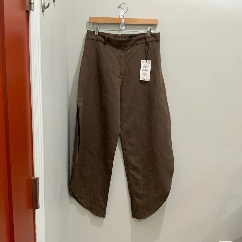 Zara Brown Cotton Linen High Waisted Side Slit Wide Leg Tulip Pants Size M NWT